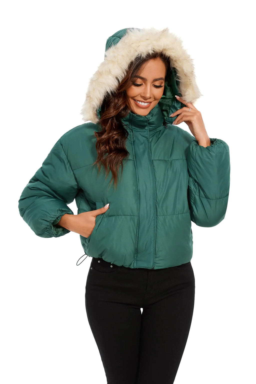 Tanderin Women’s Winter Cropped Puffer Jacket – Removable Hood, Zip-Up Short Down Coat with Pockets (Green, S)