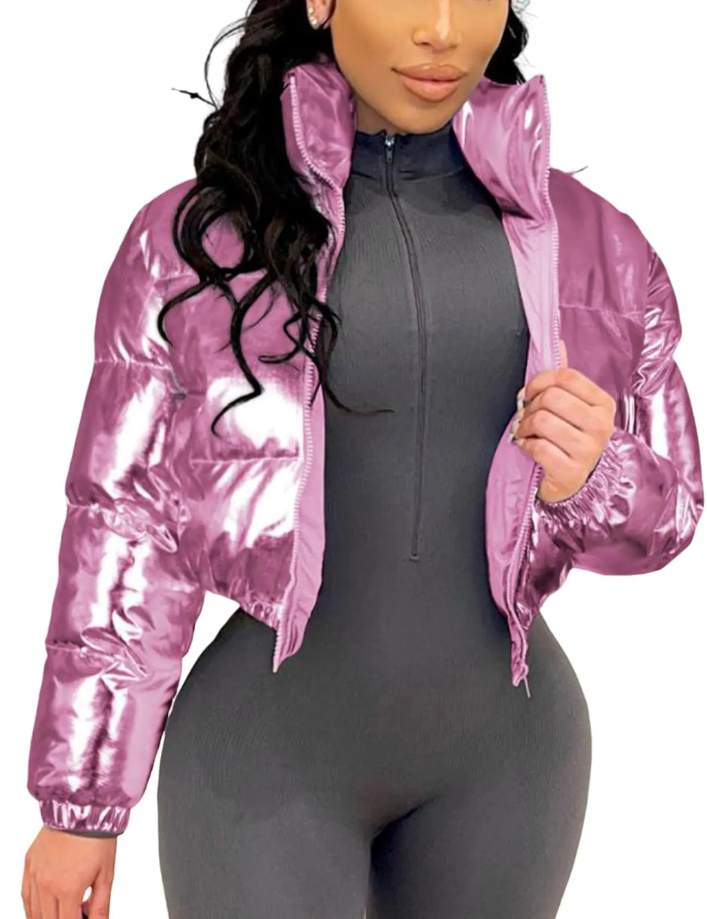 Wyeysyt Women’s Metallic Y2K Cropped Puffer Jacket – Shiny, Quilted & Trendy