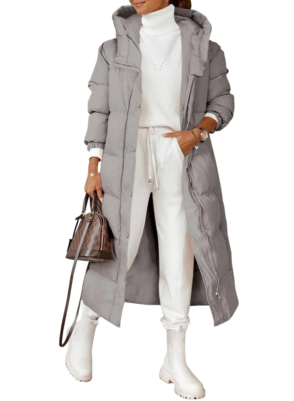 Grlasen Women Long Quilted Coat Winter Hooded Long Sleeve Button Down Puffer Padded Jacket