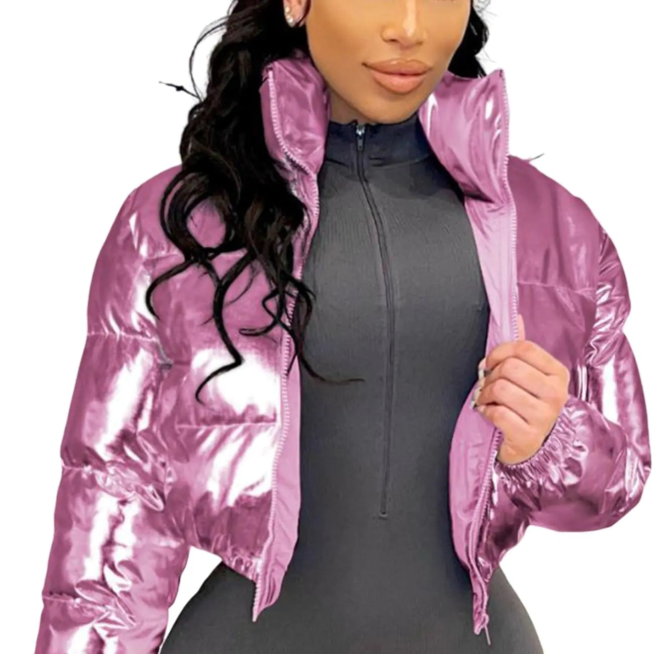 Wyeysyt Women’s Metallic Y2K Cropped Puffer Jacket – Shiny, Quilted & Trendy
