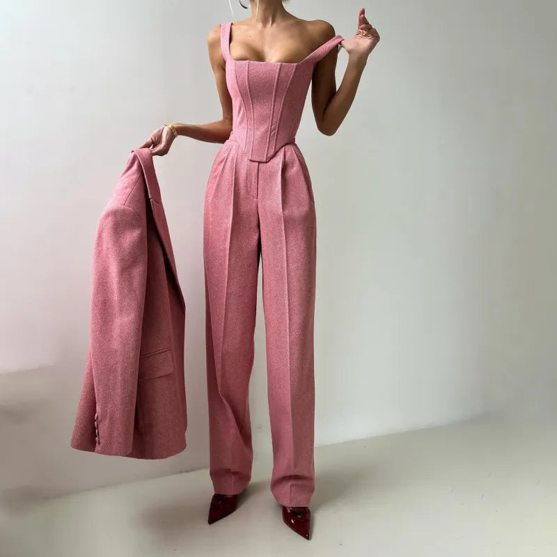 Fishbone Crisp Suit for Women – Elegant Tailored Blazer & Pants Set