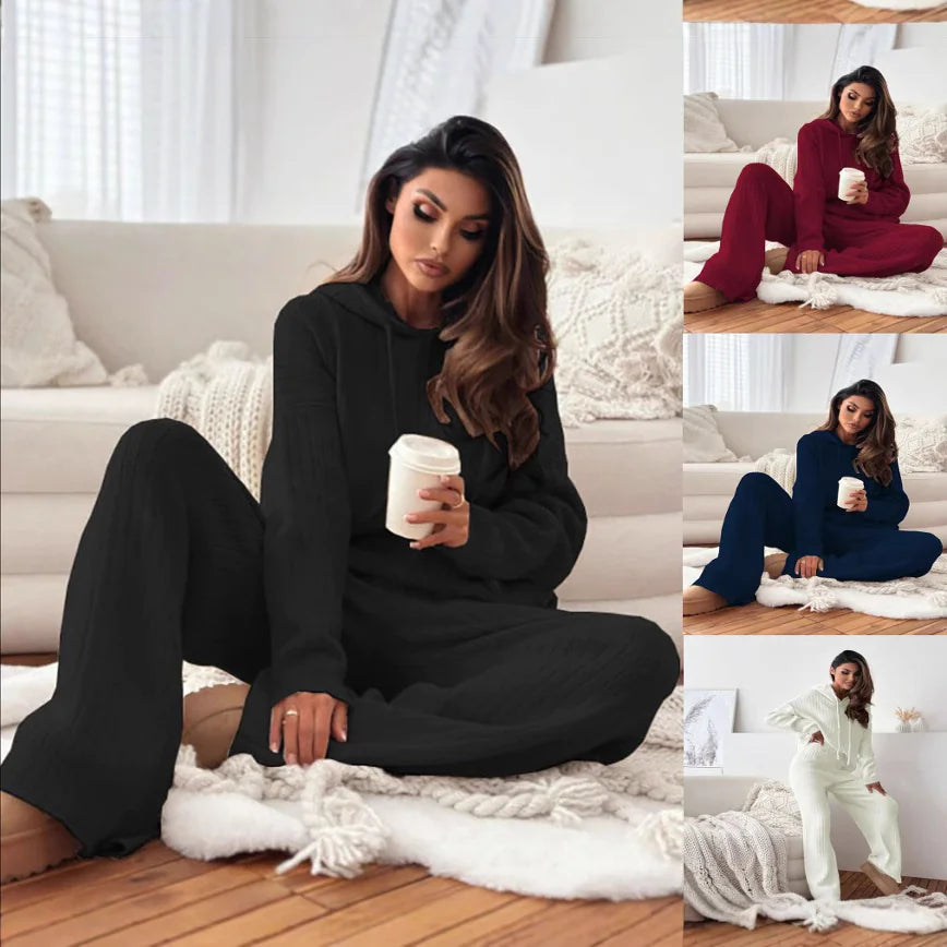 Solid Color Hooded Knitted Lounge Set for Women – Autumn Winter Two-Piece Outfit