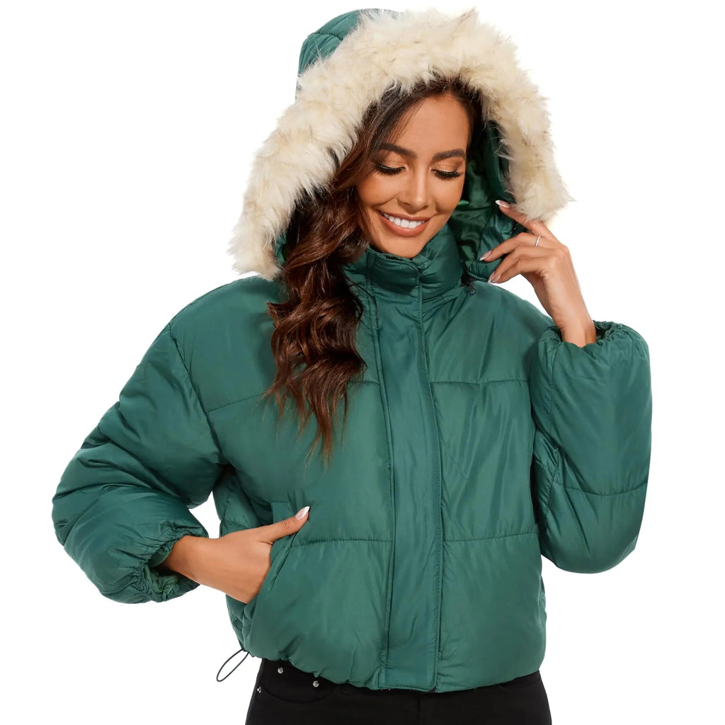 Tanderin Women’s Winter Cropped Puffer Jacket – Removable Hood, Zip-Up Short Down Coat with Pockets (Green, S)