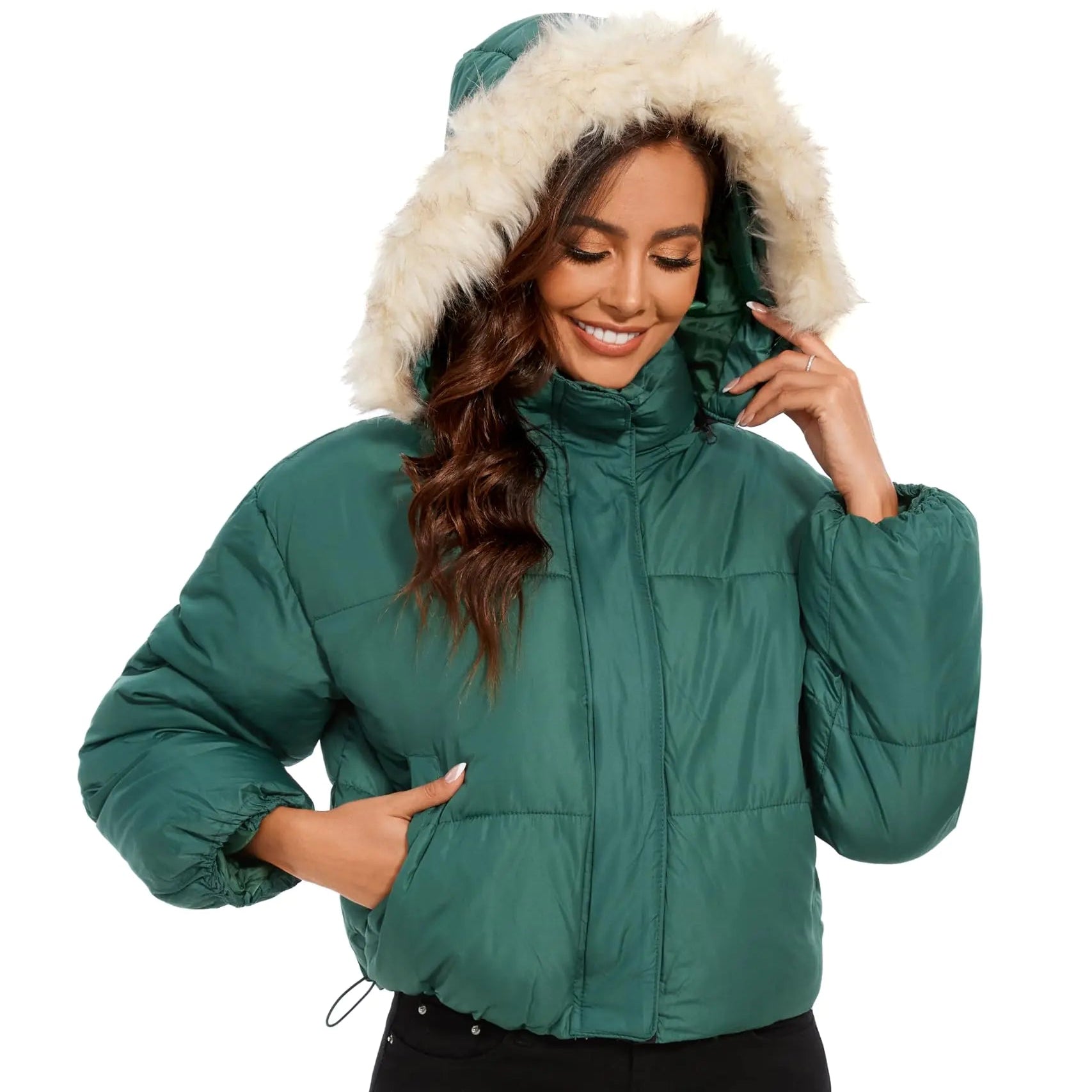 Tanderin Women’s Winter Cropped Puffer Jacket – Removable Hood, Zip-Up Short Down Coat with Pockets (Green, S)